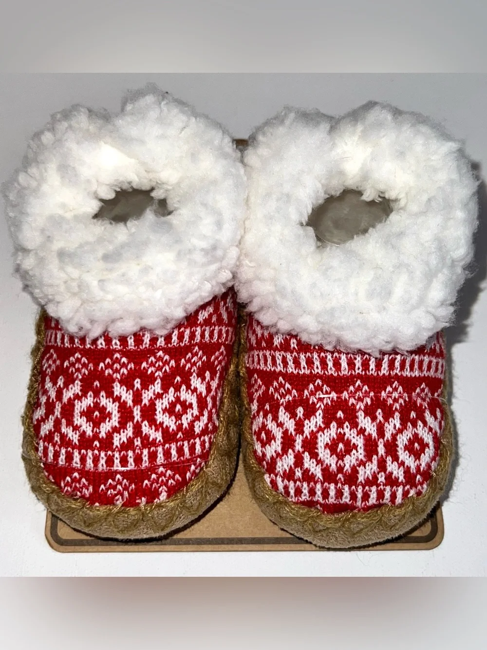 BearPaw Red Fair Isle Sherpa-Trim Baby Slippers